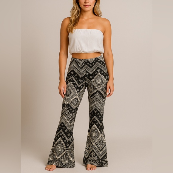 Black & Cream Boho Flare Pants - Medium, Festival Ready Statement Bottoms - Picture 8 of 8